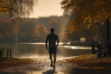 An athlete goes for a jog through a scenic park, illustrating the commitment to physical well-being that many incorporate into their daily routines. Generative Ai.