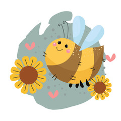 Vector cute cartoon cute fluffy bee flying under a smelling chamomile flower
