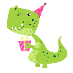 Vector happy birthday with dinosaur green t-rex and gifts © Dodi
