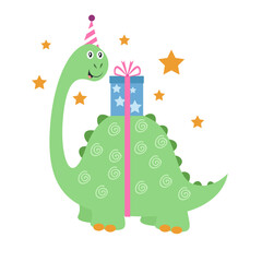 Vector happy birthday with dinosaur and gifts