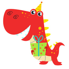 Vector happy birthday with dinosaur red t-rex and gifts