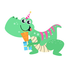 Vector funny birthday dinosaur cartoon character with a party hat holding a gift box