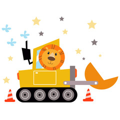 Vector cute little lion on a yellow bulldozer