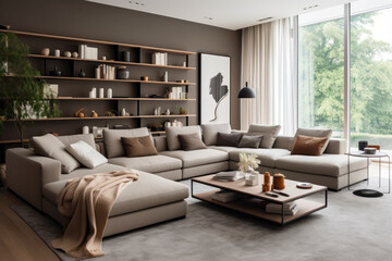 A Cozy and Chic Modern Living Room Interior in Khaki Colors
