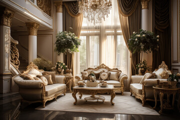 Fototapeta na wymiar Elegant and Luxurious Living Room Bathed in Warm Gold Tones, Creating a Serene and Opulent Ambiance