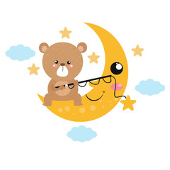 Vector cute cartoon teddy bear fishing for star on the moon