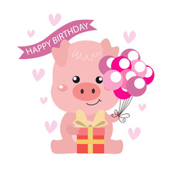 Vector cute pig celebrating birthday party 