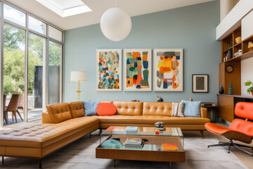 A Vibrant Mid-Century Modern Living Room with Iconic Design Elements and Cozy Ambiance