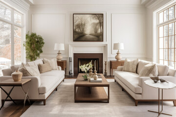 Fototapeta na wymiar A Welcoming and Elegant Transitional Style Living Room Interior with Cozy Texture and Timeless Charm