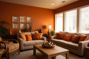Warm and Cozy Living Room Interior with Brown and Orange Colors, Inviting Comfort and Relaxation