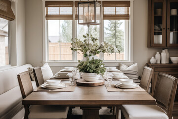 Obraz premium Cozy Dining Room Interior in Modern Farmhouse Style with Neutral Colors and Rustic Accents: A Perfect Blend of Elegance and Comfort