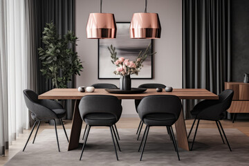 A Captivating Modern Dining Room with a Chic Blend of Charcoal Gray and Blush Pink Colors