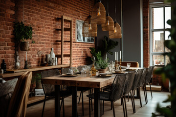 Fototapeta na wymiar A Cozy Industrial Bohemian Dining Room with Exposed Brick and Eclectic Patterns