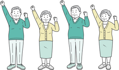 ガッツポーズをする高齢者小太り男女

