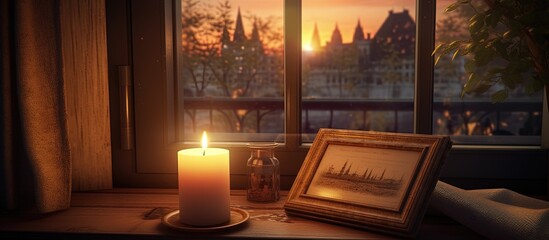 Morning candle in picture frame by window.