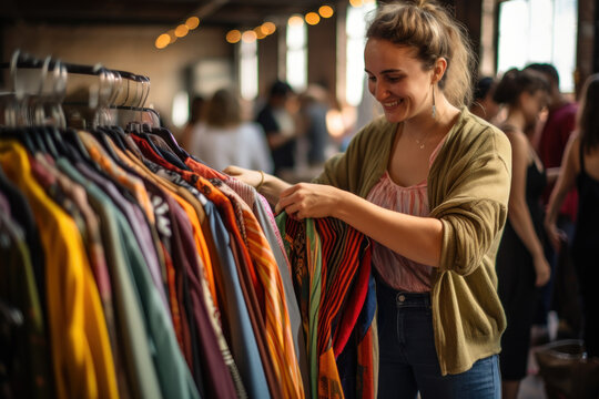 A person takes part in a clothing swap event organized by a sustainable fashion brand, fostering a culture of reuse and sharing. Generative Ai.