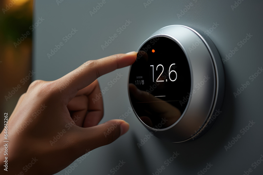 Poster a close-up of a person's hand adjusting the thermostat using a smart thermostat app while at work. g