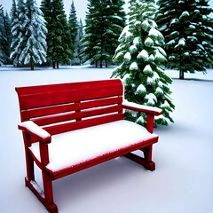 Red Wooden Bench Covered in Snow and Evergreens