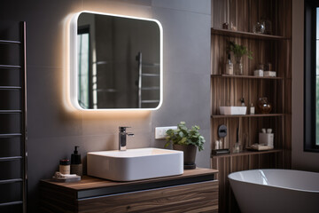 A smart bathroom mirror with built-in LED lights and voice-activated features. Generative Ai.