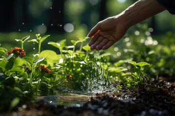Fototapeta premium A close-up of a person's hand controlling the smart sprinkler system to water the lawn and plants. Generative Ai.