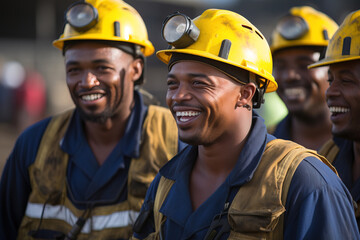 Happy African Miners Exiting Mine with Yellow Helmets After Shift