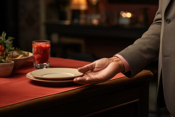 A close-up of a person's hand learning and practicing the etiquette of their host country. Generative Ai.