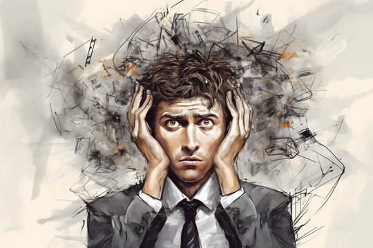 A businessman in stress. He tightly grabbed his head. Confused. mental health concept.