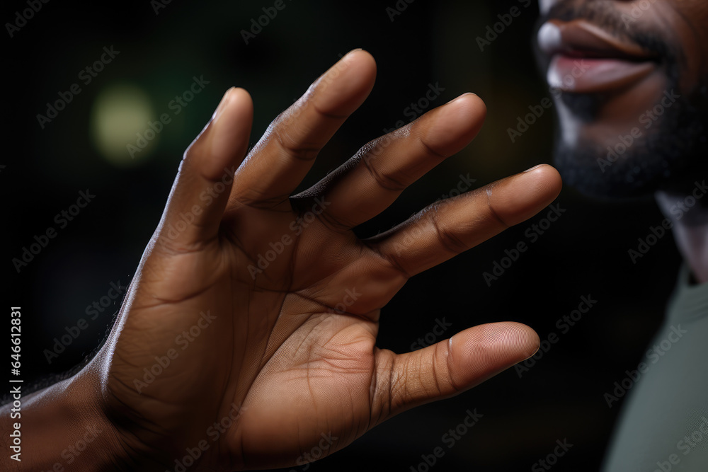 Poster a close-up of a person's hand gesturing while narrating an animated story in sign language. generati