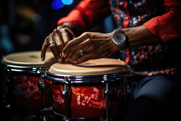 Naklejka premium A close-up of a person's hand playing the conga drums, a key element of Latin American music. Generative Ai.