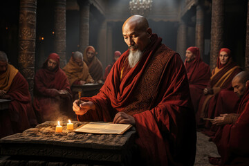 A Tibetan monk reciting ancient Buddhist parables to a gathering of monks and pilgrims. Generative Ai.