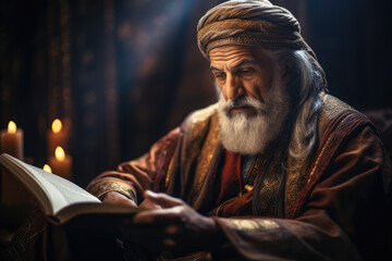 A storyteller in traditional Arabian attire reciting tales from the "One Thousand and One Nights." Generative Ai.