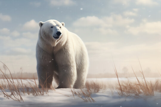 Polar Bear in North Pole with scenic snow mountain view, create using Generative Ai Tools