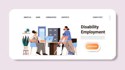 disabled woman with walking stick discussing with businesswoman disability employment people with disabilities concept