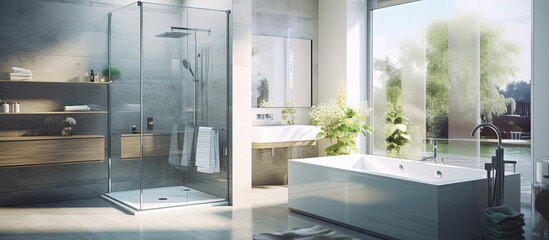 Modern bathroom with a tiled bathtub and clear shower cabin, illuminated by sunlight during the day at home. - obrazy, fototapety, plakaty