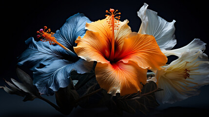 hibiscus flowers with white, orange and blue petals and roots on dark background