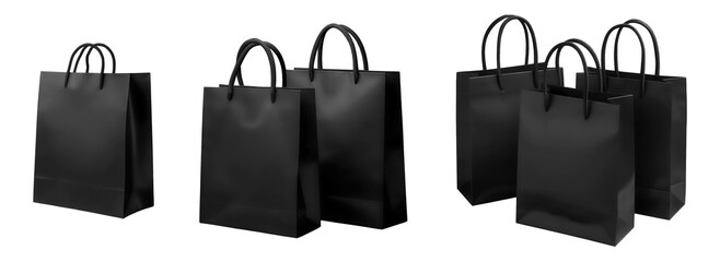 Black paper bags isolated on a transparent background. Black Friday mockup. 