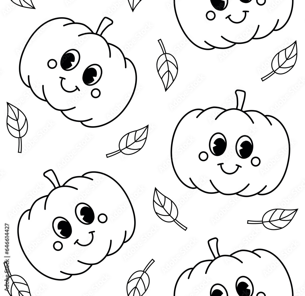 Poster Vector seamless pattern of retro groovy cartoon outline pumpkin isolated on white background