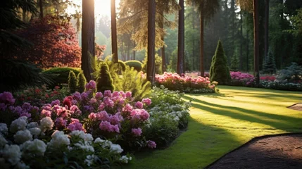 Photo sur Plexiglas Herbe luxury landscape design with green manicured lawn, beautiful flower beds and path. 