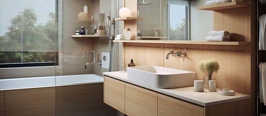 Fototapeta na wymiar Minimalist aesthetic for bathroom decor with wooden cabinetry