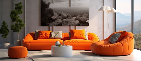 Modern living room interior design concept featuring an orange sofa and modern style furniture.