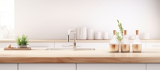 Fototapeta na wymiar Blurred white kitchen with wooden details and aromatic sticks bottles atop wooden table or shelf, illustration.