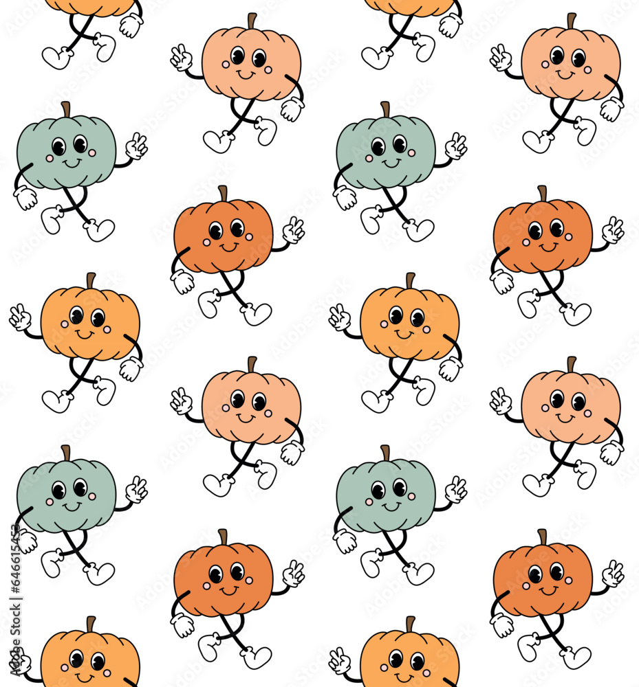 Poster Vector seamless pattern of different color retro groovy cartoon pumpkin isolated on white background