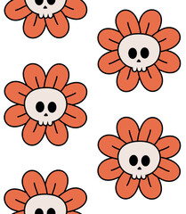 Vector seamless pattern of groovy cartoon flower skull isolated on white background