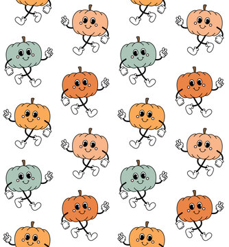 Vector seamless pattern of different color retro groovy cartoon pumpkin isolated on white background