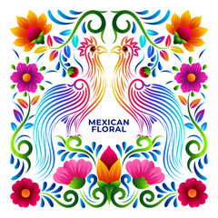 Obraz premium Mexican Folk Art Birds with Colorful Embroidery Ethnic Flowers Illustration