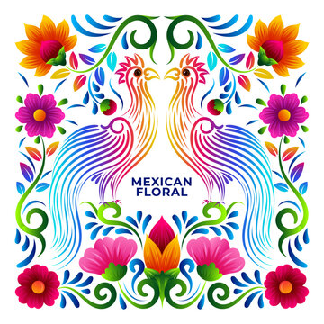 Mexican Folk Art Birds with Colorful Embroidery Ethnic Flowers Illustration