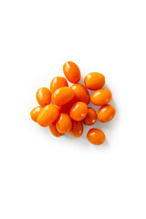 Closeup of fresh juicy organic orange cherry tomatoes from the garden isolated on a white background from above, top view
