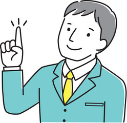 指差しをするスーツを着た男性