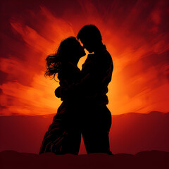 Silhouette of a couple kissing, A silhouette embracing another in a comforting hug, conveying the power of emotional support