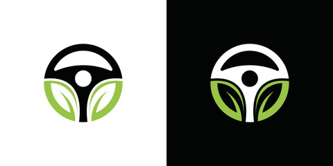 Eco-friendly steering wheel and leaf combination vector logo design. Steering wheel symbol and eco icon symbol.